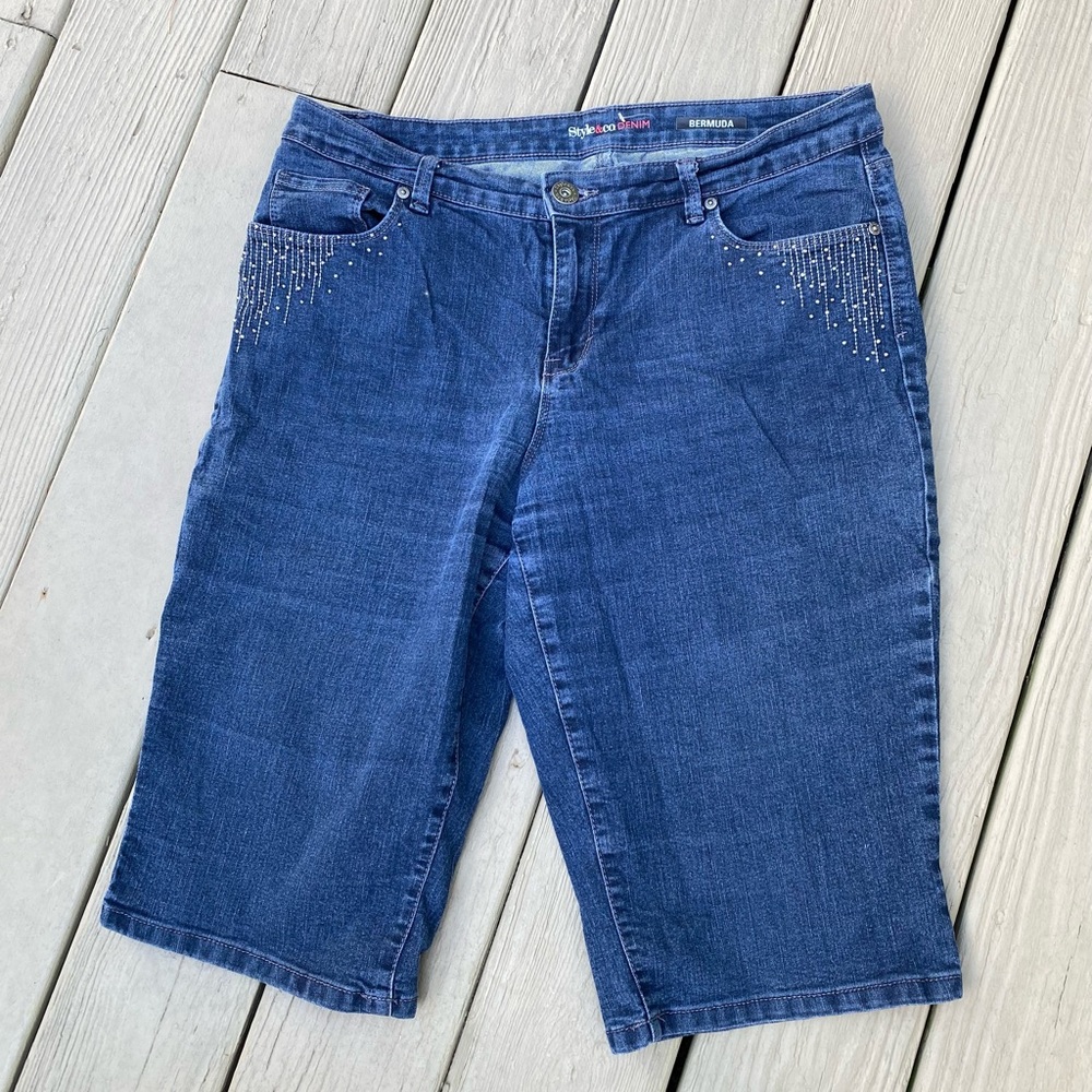 Style & Company - Blue denim stud decor around pockets Bermuda shorts, Size: 12